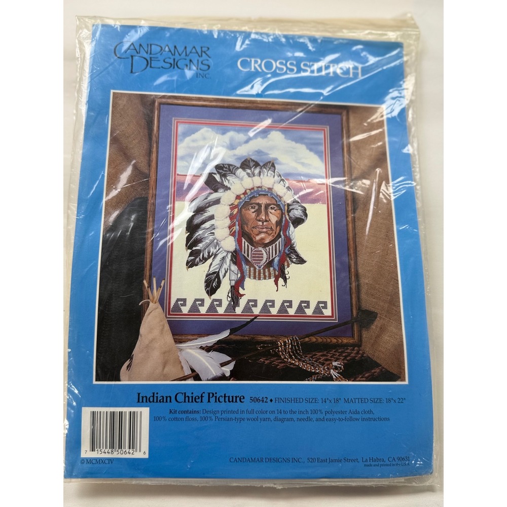 Vintage Candamar Designs Indian Chief Picture Cross Stitch Kit NOS